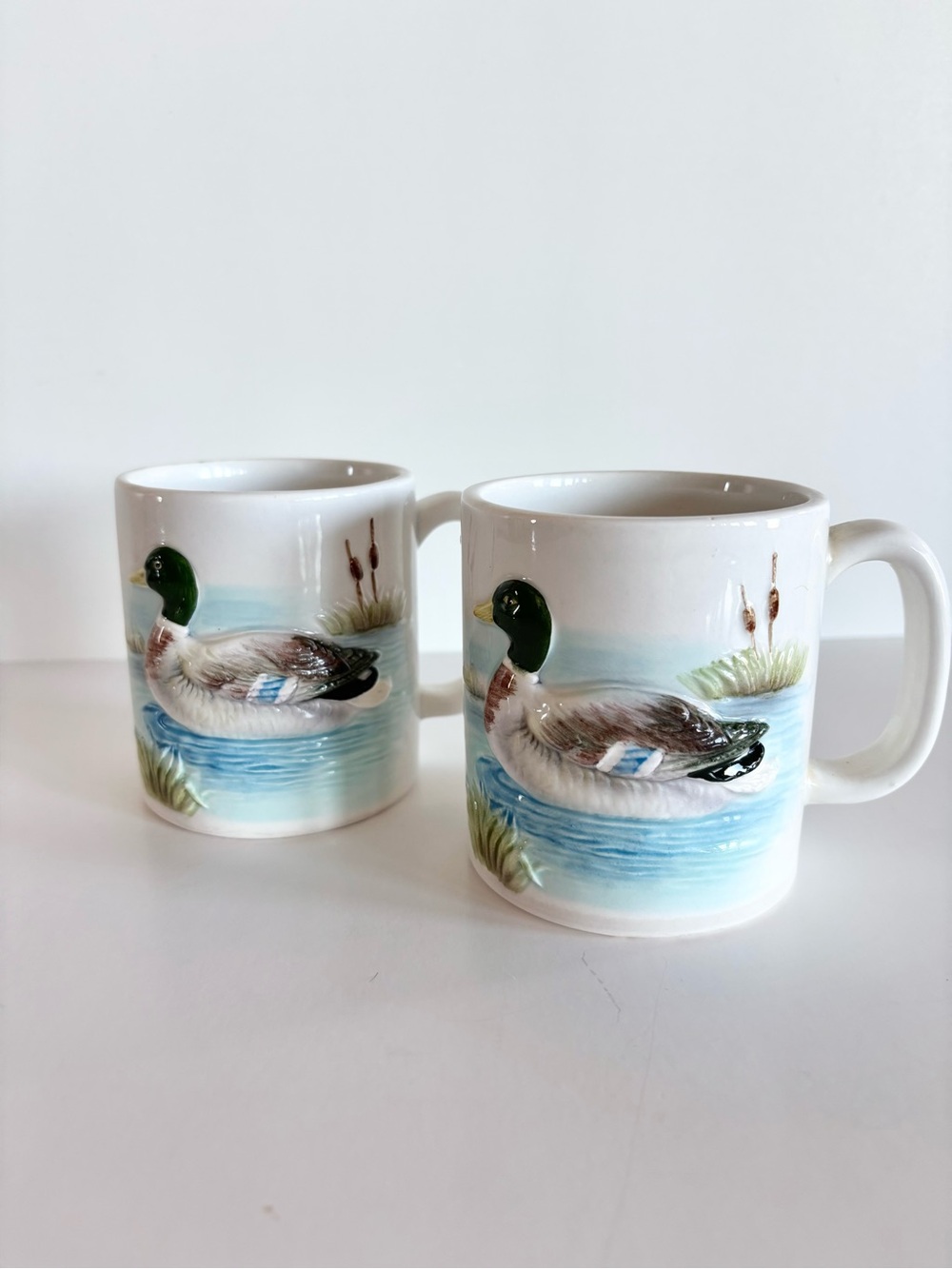 Vintage Otagiri Japan Embossed Mallard Duck in Reeds Ceramic Mugs